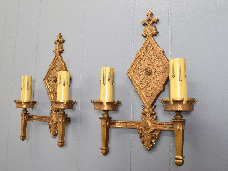 Pair Original Bronze Oscar Bach Style Antique Wall Sconce Lights Circa 1920 With Unicorn and Heraldic Details Rewired And Ready To Install image 1