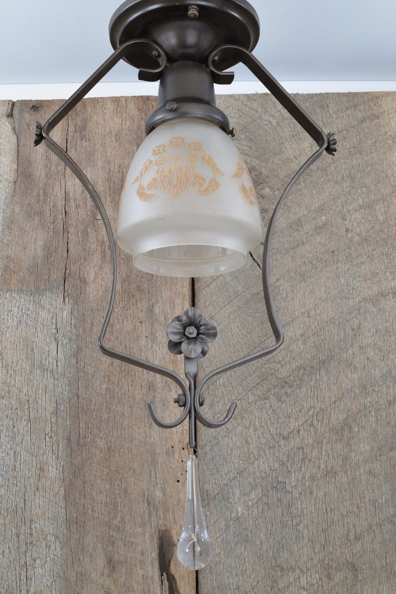 Antique Light Fixture Circa 1920 Semi-Flush Mount Ceiling Light With Floral Stencil on Frosted Shade image 5