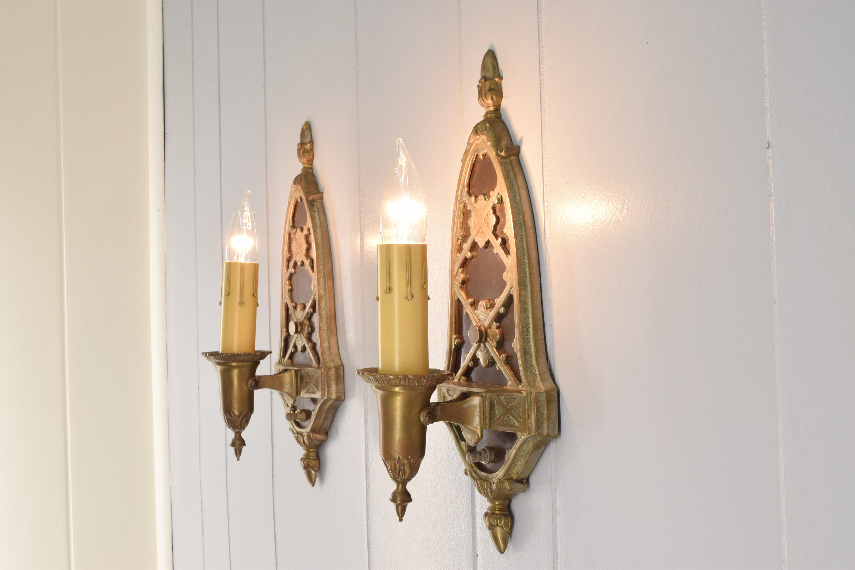 Circa 1920s Antique Sconce Pair, Tudor Style Wall Sconce
