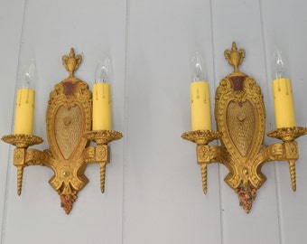 Pair Antique Wall Sconce Light Fixtures Heavy Cast Iron Original Gilded Gold Factory Finish Circa 1920's