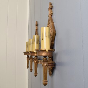 Pair Original Bronze Oscar Bach Style Antique Wall Sconce Lights Circa 1920 With Unicorn and Heraldic Details Rewired And Ready To Install image 6