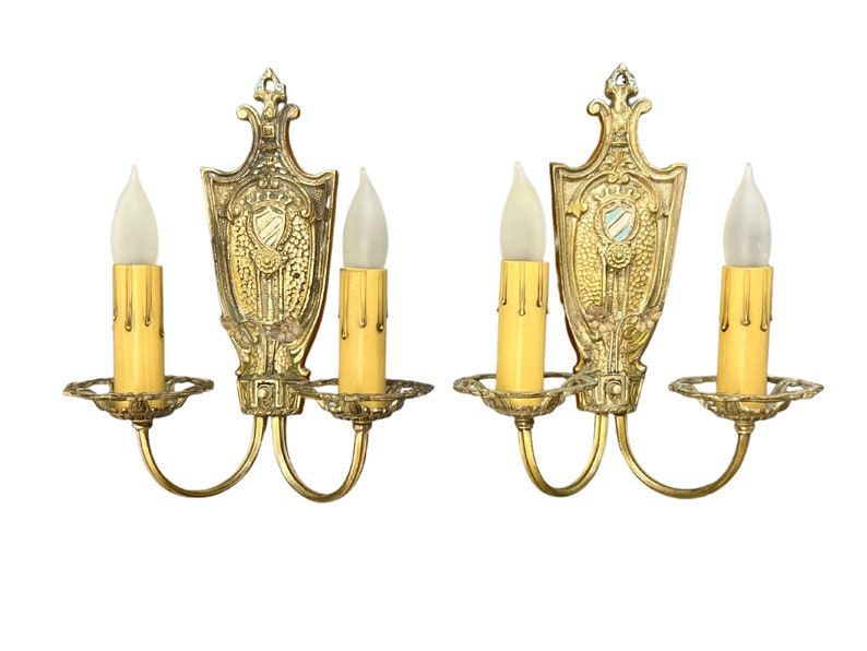 1920s Antique Wall Sconce Pair, Original Tudor or Spanish Revival Style Wall Lights w/ Crest & Flower Details image 1