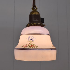 Original c. 1920 Hand Painted Milk Glass Shade w/ Blue Accents Rewired Antique Pendant Light Fixture With Floral Accents image 6