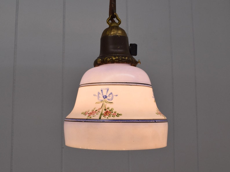 Original c. 1920 Hand Painted Milk Glass Shade w/ Blue Accents Rewired Antique Pendant Light Fixture With Floral Accents image 6