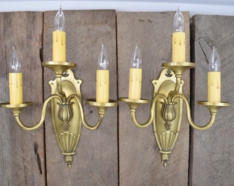 Large Pair 1920s Colonial Style Brass Antique Vintage Wall Sconce Light Fixtures 3 Arm Wall Light; Rewired; Multiple Available