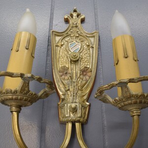 1920s Antique Wall Sconce Pair, Original Tudor or Spanish Revival Style Wall Lights w/ Crest & Flower Details image 6