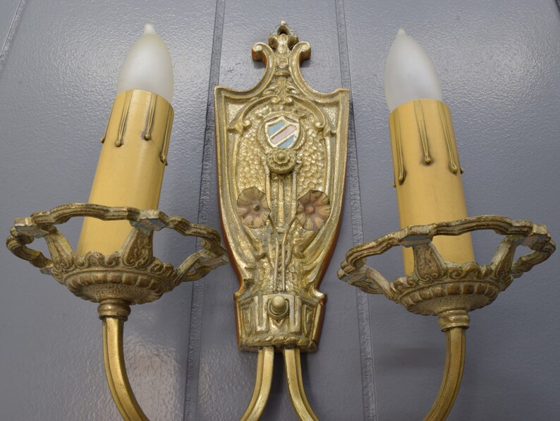 1920s Antique Wall Sconce Pair, Original Tudor or Spanish Revival Style Wall Lights w/ Crest & Flower Details image 6