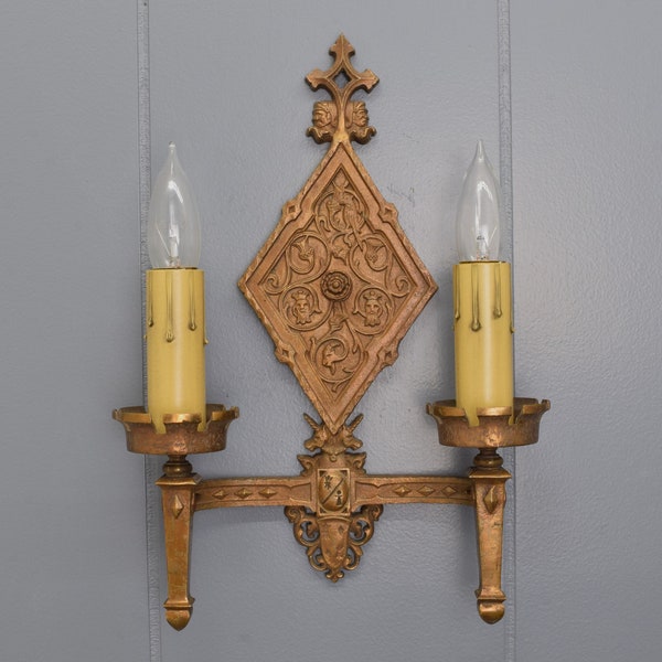 Priced Each Highly Detailed Bronze 1920s Antique Wall Sconce Lights With Unicorn And Heraldic Design Multiple Available For Large Room