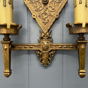 Pair Original Bronze Oscar Bach Style Antique Wall Sconce Lights Circa 1920 With Unicorn and Heraldic Details Rewired And Ready To Install image 8