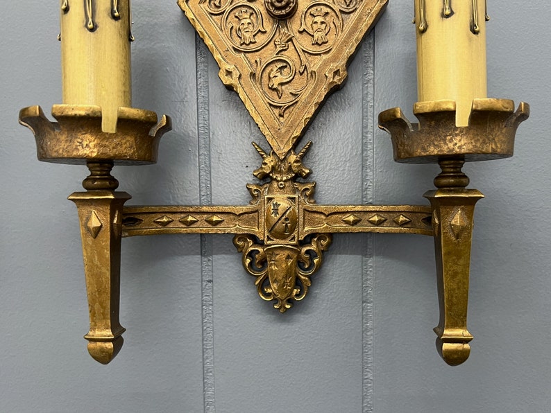 Pair Original Bronze Oscar Bach Style Antique Wall Sconce Lights Circa 1920 With Unicorn and Heraldic Details Rewired And Ready To Install image 8