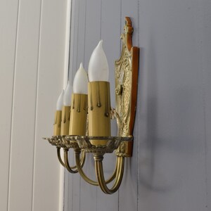 1920s Antique Wall Sconce Pair, Original Tudor or Spanish Revival Style Wall Lights w/ Crest & Flower Details image 5