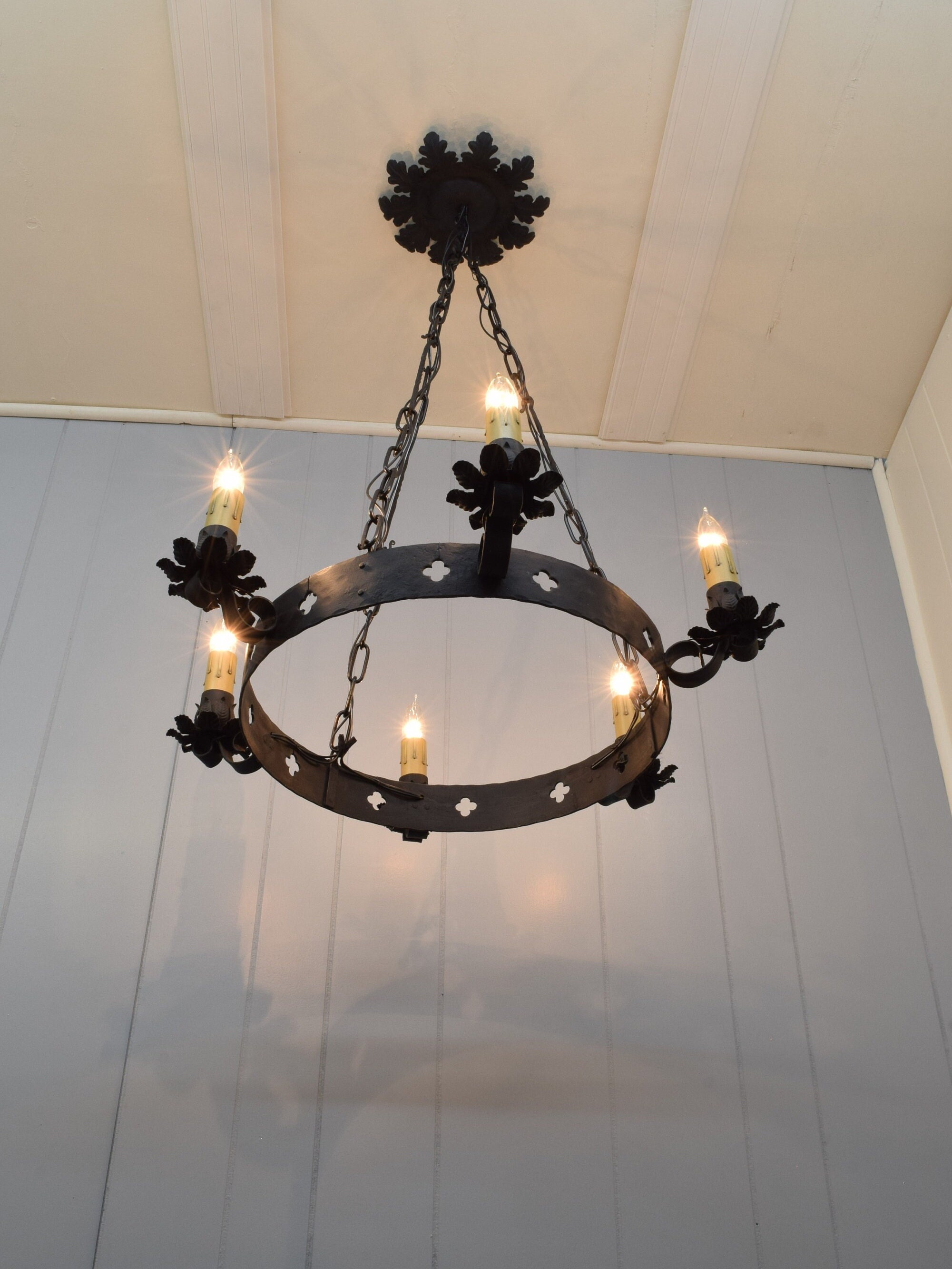 Rewired 1920s Gothic Antique Chandelier Black Finish Over Iron