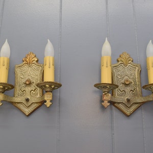 Pair 1920s Antique Sconce Light Fixtures Rewired 2 Arm Brass Spanish or Tudor Revival Original Finish Wall Lights Ready To Install image 4