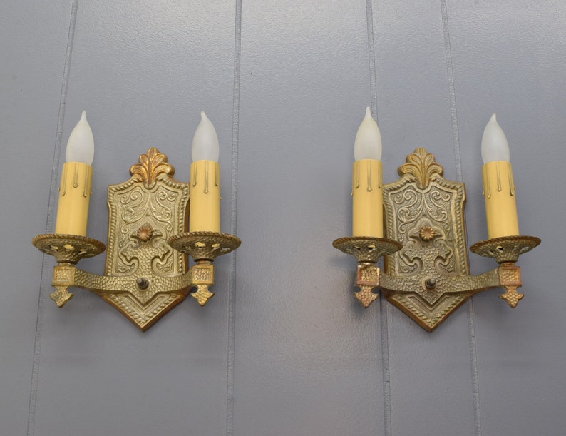 Pair 1920s Antique Sconce Light Fixtures Rewired 2 Arm Brass Spanish or Tudor Revival Original Finish Wall Lights Ready To Install image 4