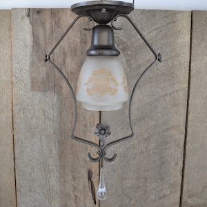 Antique Light Fixture Circa 1920 Semi-Flush Mount Ceiling Light With Floral Stencil on Frosted Shade image 1