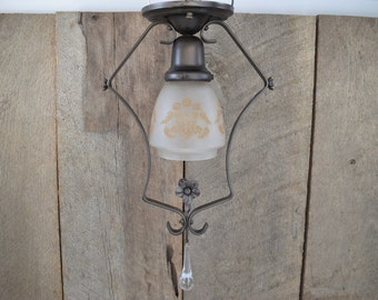 Antique Light Fixture Circa 1920 Semi-Flush Mount Ceiling Light With Floral Stencil on Frosted Shade