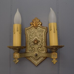 Pair 1920s Antique Sconce Light Fixtures Rewired 2 Arm Brass Spanish or Tudor Revival Original Finish Wall Lights Ready To Install image 7