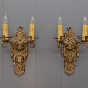Pair of Refinished / Rewired Tudor Style 1920&#39;s 2 Arm Antique Vintage Cast Aluminum Electric Double Candle Wall Sconce Light Fixture