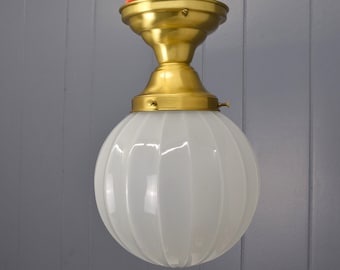Semi-Flush Mount Ceiling Light Fixture With Antique Milk Glass Ribbed Glass Shade And New Satin Brass Finished Fixture Ready To Install