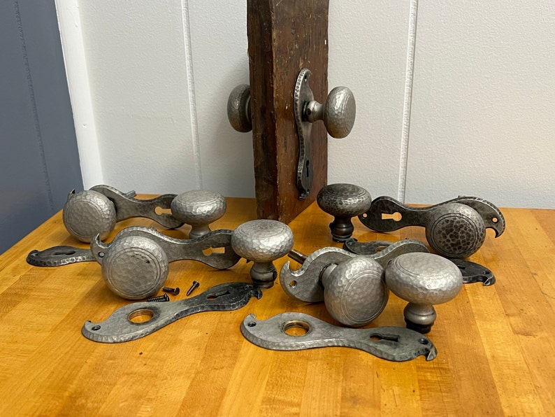 MULTIPLE AVAILABLE Circa 1925 Spanish / Tudor Antique Door Knob Hardware Set, Hammered Interior Knobs image 2