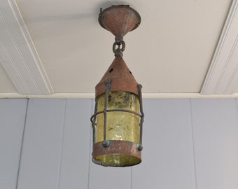 Original Williamson Beardslee c. 1920s Antique Hand Hammered Copper Ceiling Light Fixture With Amber Crackled Glass Shade Rewired
