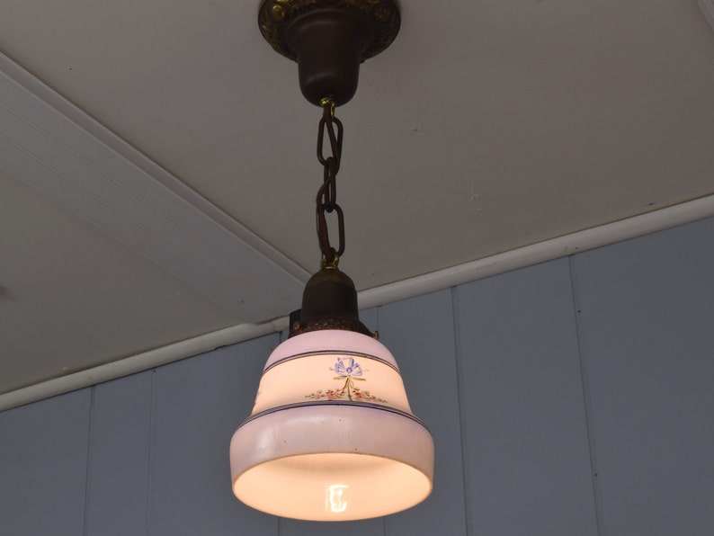 Original c. 1920 Hand Painted Milk Glass Shade w/ Blue Accents Rewired Antique Pendant Light Fixture With Floral Accents image 4