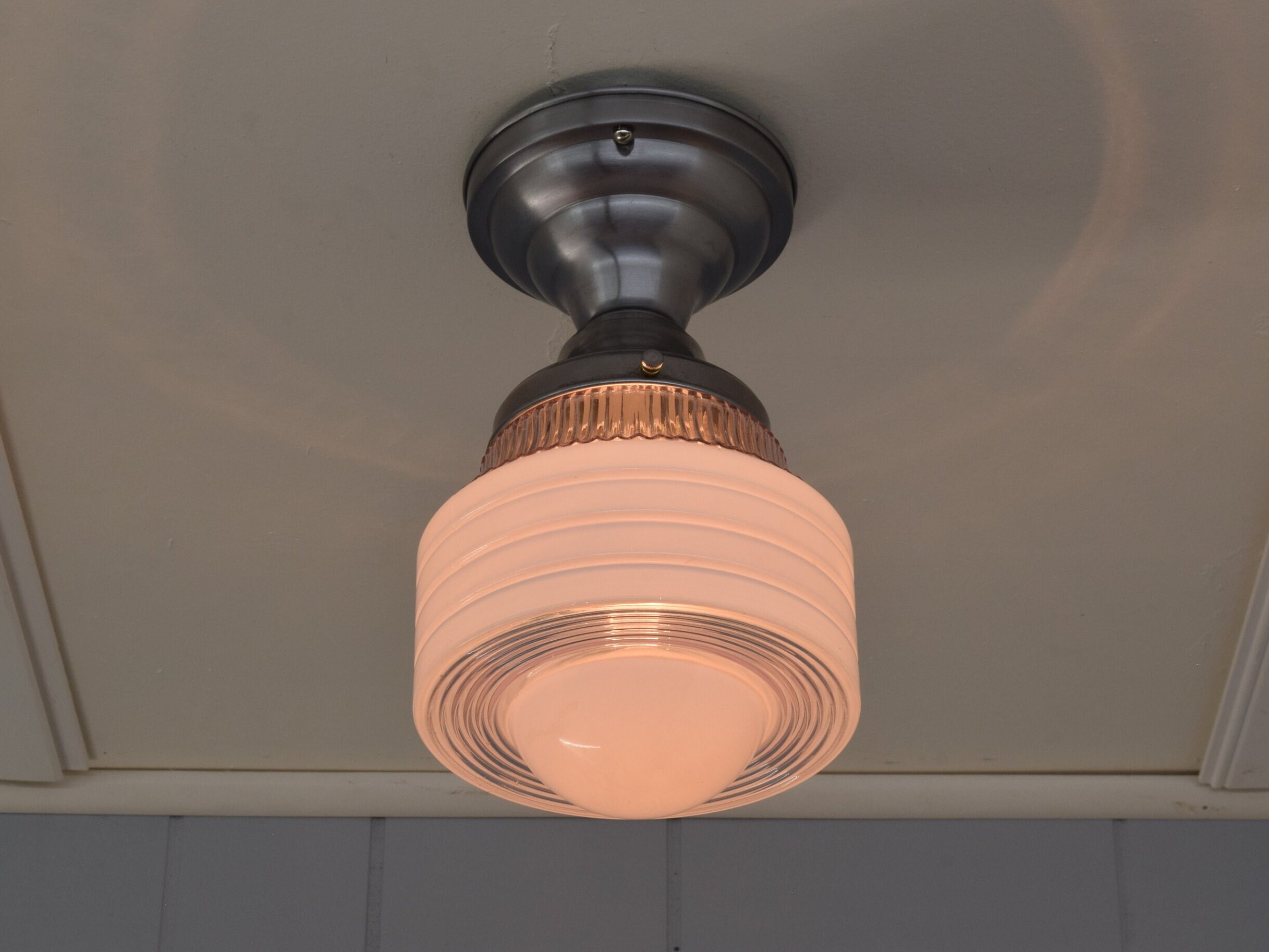 1930s Vintage Kitchen Ceiling Light White Glass Shade W/ Crystal Prismatic Top and Crystal Ring ...