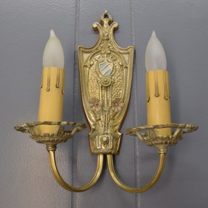 1920s Antique Wall Sconce Pair, Original Tudor or Spanish Revival Style Wall Lights w/ Crest & Flower Details image 3