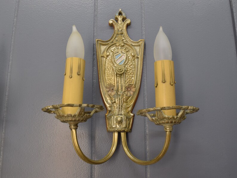 1920s Antique Wall Sconce Pair, Original Tudor or Spanish Revival Style Wall Lights w/ Crest & Flower Details image 3