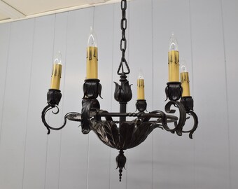 Rewired 1920s Antique 6 Light Chandelier Brass w/ Black Finish And Leafy Details