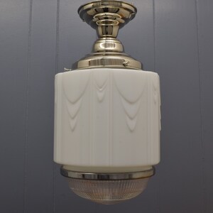 Vintage 1930s Art Deco Ceiling Light Fixture, Iconic 2 Part Milk Glass Shade And Prismatic Glass Bottom, Modern Chrome Fixture & Wiring