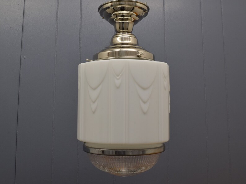 Vintage 1930s Art Deco Ceiling Light Fixture, Iconic 2 Part Milk Glass Shade And Prismatic Glass Bottom, Modern Chrome Fixture & Wiring image 1