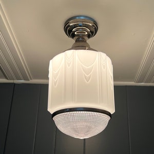 Vintage 1930s Art Deco Ceiling Light Fixture, Iconic 2 Part Milk Glass Shade And Prismatic Glass Bottom, Modern Chrome Fixture & Wiring image 9