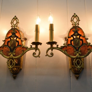 Pair c. 1920 Original Antique Wall Sconce Light Fixture Heavy Brass W/ Beautiful Design, Mica Backing, Original Finish | Rewired Wall Light