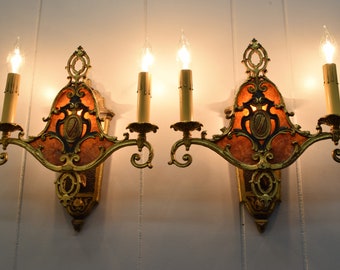 Pair c. 1920 Original Antique Wall Sconce Light Fixture Heavy Brass W/ Beautiful Design, Mica Backing, Original Finish | Rewired Wall Light