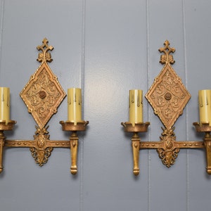 Pair Original Bronze Oscar Bach Style Antique Wall Sconce Lights Circa 1920 With Unicorn and Heraldic Details Rewired And Ready To Install image 3