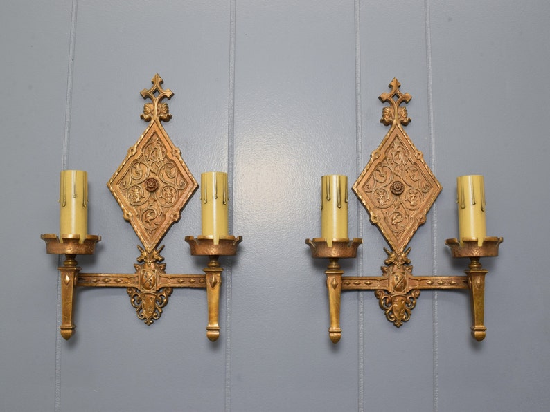 Pair Original Bronze Oscar Bach Style Antique Wall Sconce Lights Circa 1920 With Unicorn and Heraldic Details Rewired And Ready To Install image 3