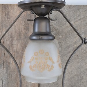 Antique Light Fixture Circa 1920 Semi-Flush Mount Ceiling Light With Floral Stencil on Frosted Shade image 4