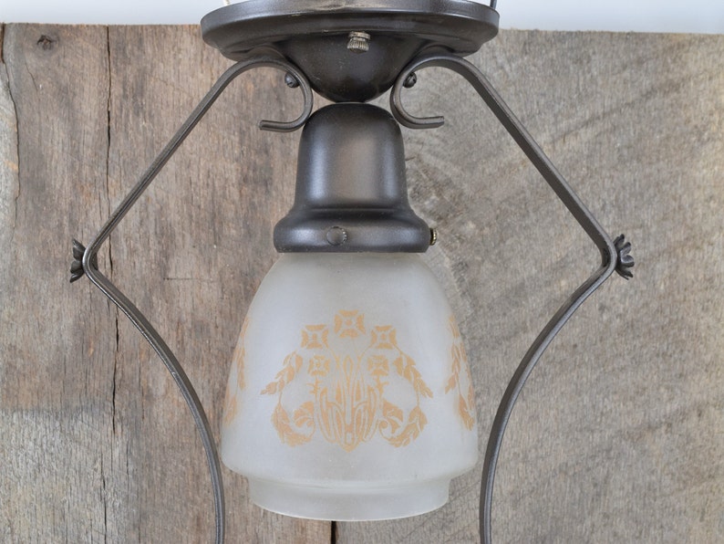 Antique Light Fixture Circa 1920 Semi-Flush Mount Ceiling Light With Floral Stencil on Frosted Shade image 4