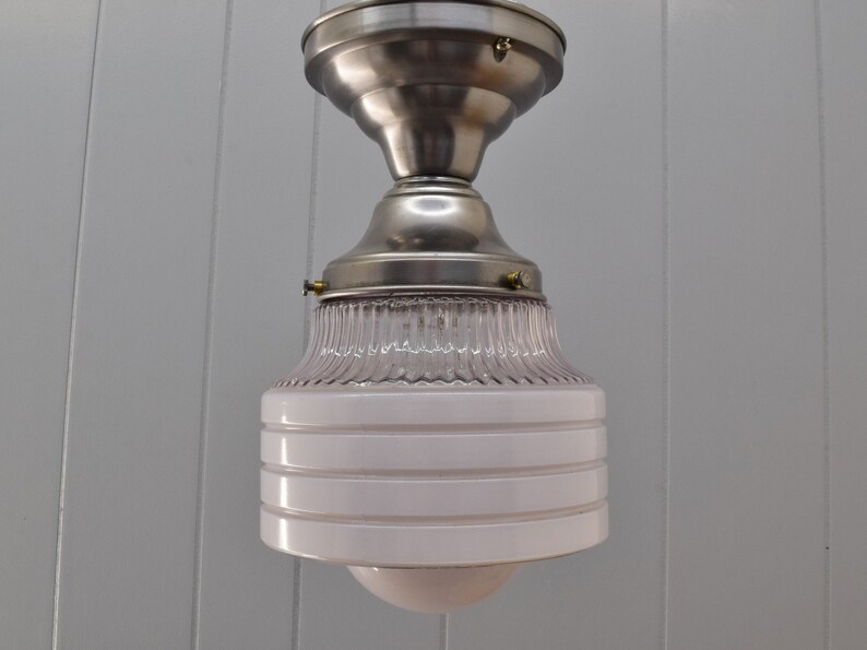 1930s Vintage Kitchen Ceiling Light White Glass Shade W/ Crystal ...
