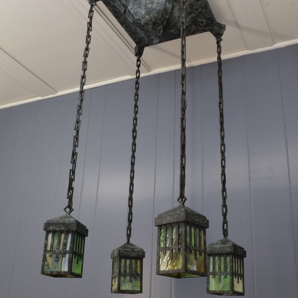 Circa 1915 Antique Mission Craftsman Style 4 Light Chandelier W/ Green Slag Glass Shades; Rewired & Restored Original Factory Finish