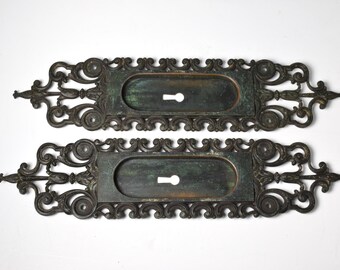 Pair of Original Turn of the Century Sliding Door Cup Escutcheons Manchester Design By Yale & Towne With Verde Antique Old Copper Finish