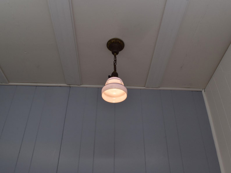 Original c. 1920 Hand Painted Milk Glass Shade w/ Blue Accents Rewired Antique Pendant Light Fixture With Floral Accents image 7