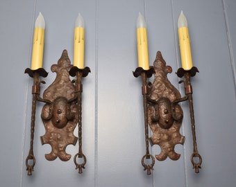 Large Antique 1920s Wall Sconce Lights Original Copper Plating and Finish Over Hammered Iron Multiple Rewired Pairs Available