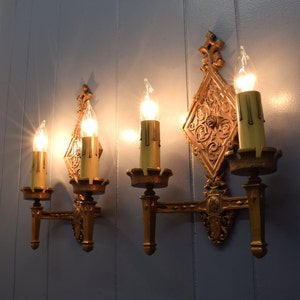 Pair Original Bronze Oscar Bach Style Antique Wall Sconce Lights Circa 1920 With Unicorn and Heraldic Details Rewired And Ready To Install image 5