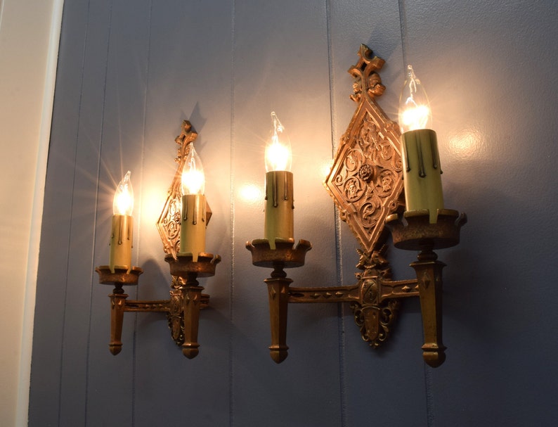 Pair Original Bronze Oscar Bach Style Antique Wall Sconce Lights Circa 1920 With Unicorn and Heraldic Details Rewired And Ready To Install image 5