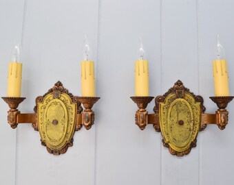 Rewired Pair c. 1920 Riddle Cast Aluminum Vintage Antique Electric Double Candle Wall Sconce Light Fixture w/ Original Factory Finish