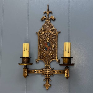 Circa 1920 Original Antique 2 Arm Bronze Wall Sconce Fixture Multiple Available Rewired Tudor Style image 1
