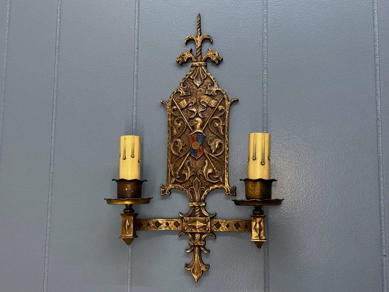 Circa 1920 Original Antique 2 Arm Bronze Wall Sconce Fixture Multiple Available Rewired Tudor Style image 1