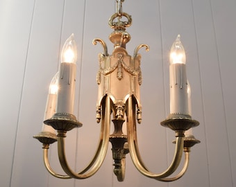 Original Antique Chandelier c. 1920 With Natural Patina Over Silver And Original Pewter Polychrome | Rewired Antique Ceiling Light Fixture